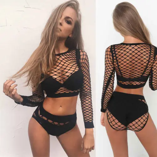 

2021 New Sexy Women See through Hollow out Perspective Sheer Mesh Fishnet Tee Bodycon Long Sleeve Tops Beach T Shirt