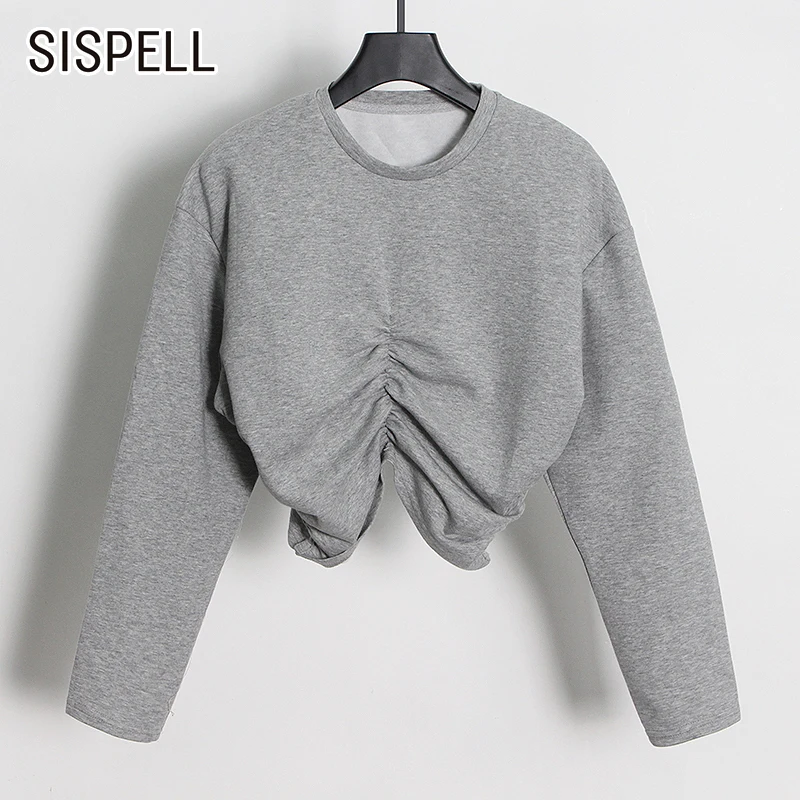 

SISPELL Fold Pleated Sweatshirts For Female O Neck Long Sleeve High Waist Slimming Cropped Women's Casual Sweatshirt New 2021