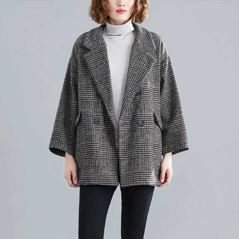

CMAZ 2021 Autumn Winter Thick Coats for Women Fat Girl Winter Vintage Plaid Large Lapel Hip-Covering Woolen Coat Large Size Loos