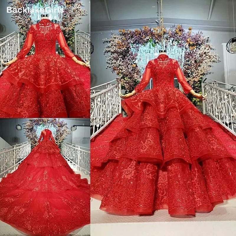 Красное роскошное свадебное платье с длинным рукавом и высоким воротом