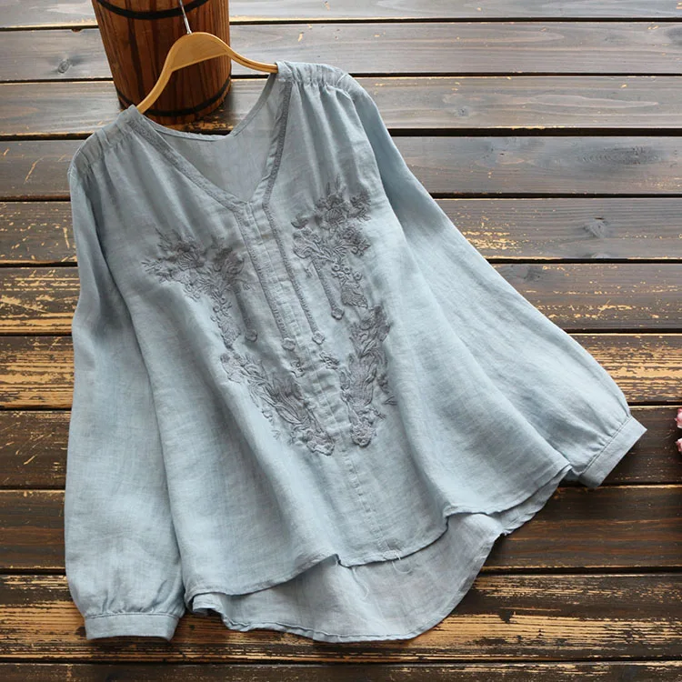 

Новые осенние женские топы из хлопка и льна, тонкая вышивка, v-образный вырез, длинный рукав, повседневный пуловер, рубашка для женщин