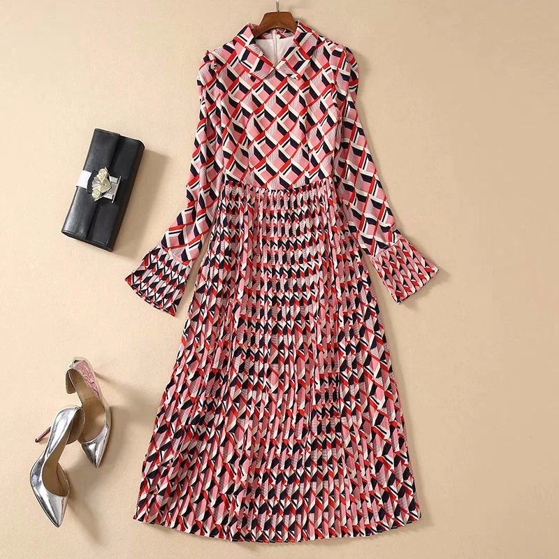 Женское плиссированное платье в клетку дизайнерское модельное с длинным рукавом