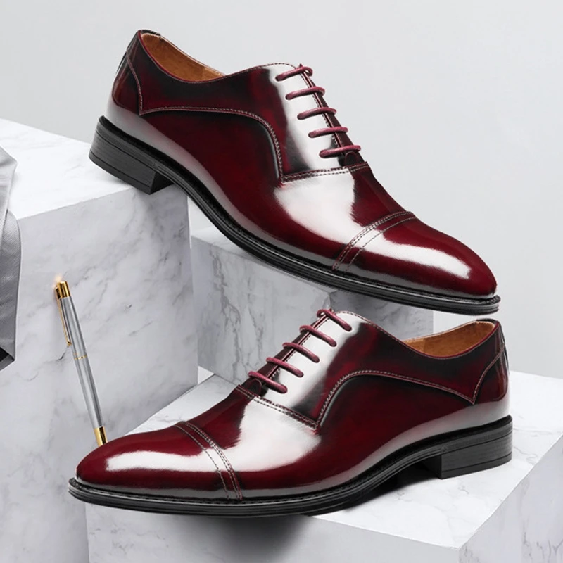 

New Pointed Toe Heeled Man Formal Dress Shoes Patent Leather Cap Toe Party Oxfords Handmade Men's Wedding Flats For Bridal SS747