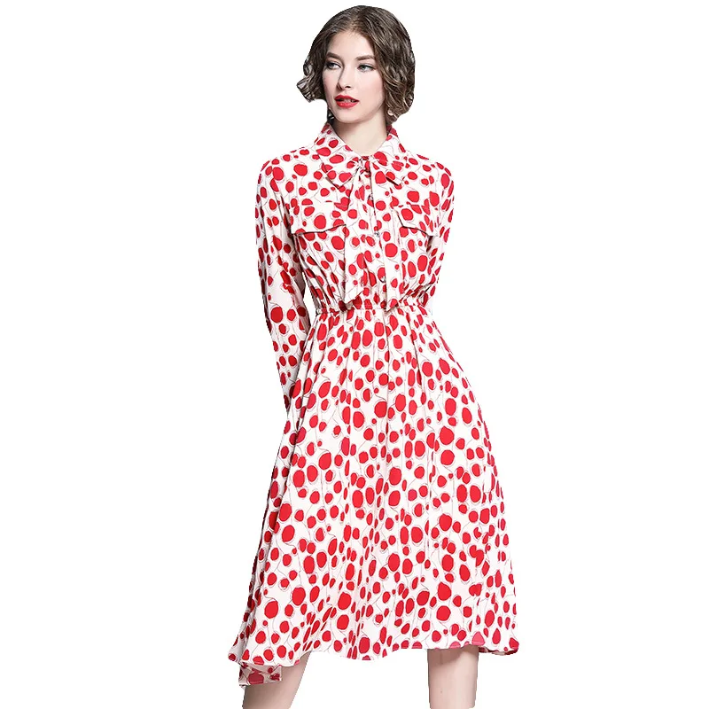 Женское платье с рисунком в горошек повседневное милое до щиколотки белым фоном