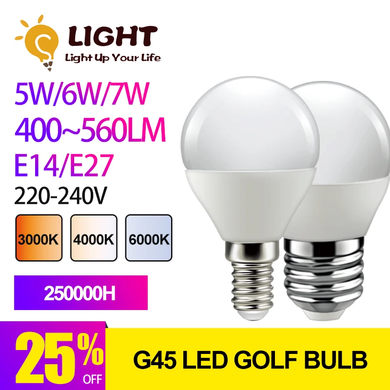 

1 Piece G45 5W 6W 7W E14 E27 220V 3000K 4000K 6000K LED Golf Bulb Lamp Light For Home Decoration