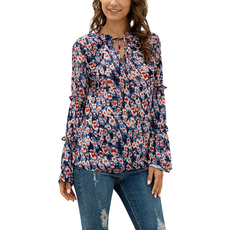 

Chiffon Causal Women Blouse Shirt Printing Flare Long Sleeve Bow Bandage Collar Ladies Shirt Elegant Work Tops Clothing