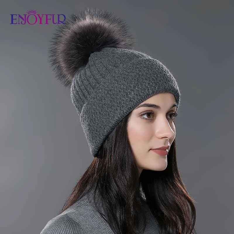 Женская шапка с помпоном ENJOYFUR, зимняя белая шапка-бини из шерсти и хлопка, с помпоном из натурального меха