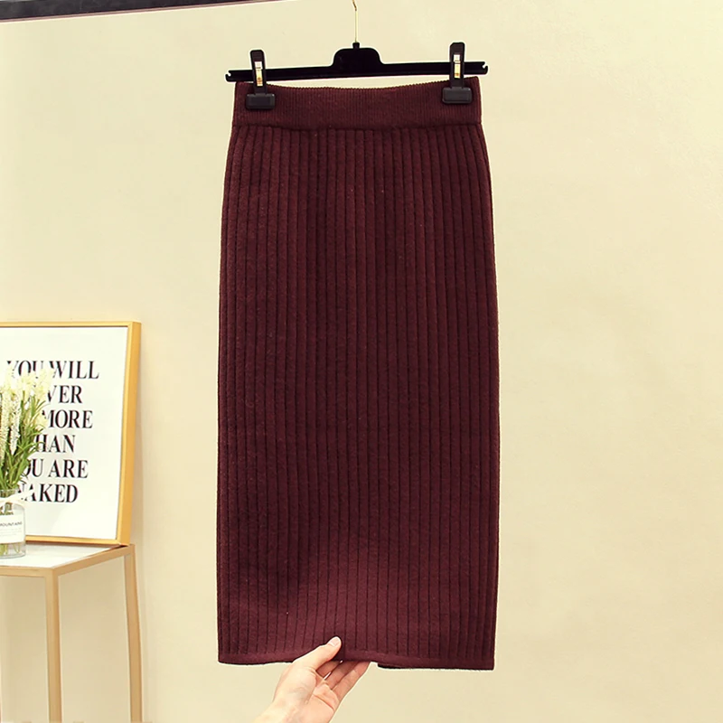 Женская вязаная юбка-карандаш элегантная теплая юбка в рубчик с высокой талией