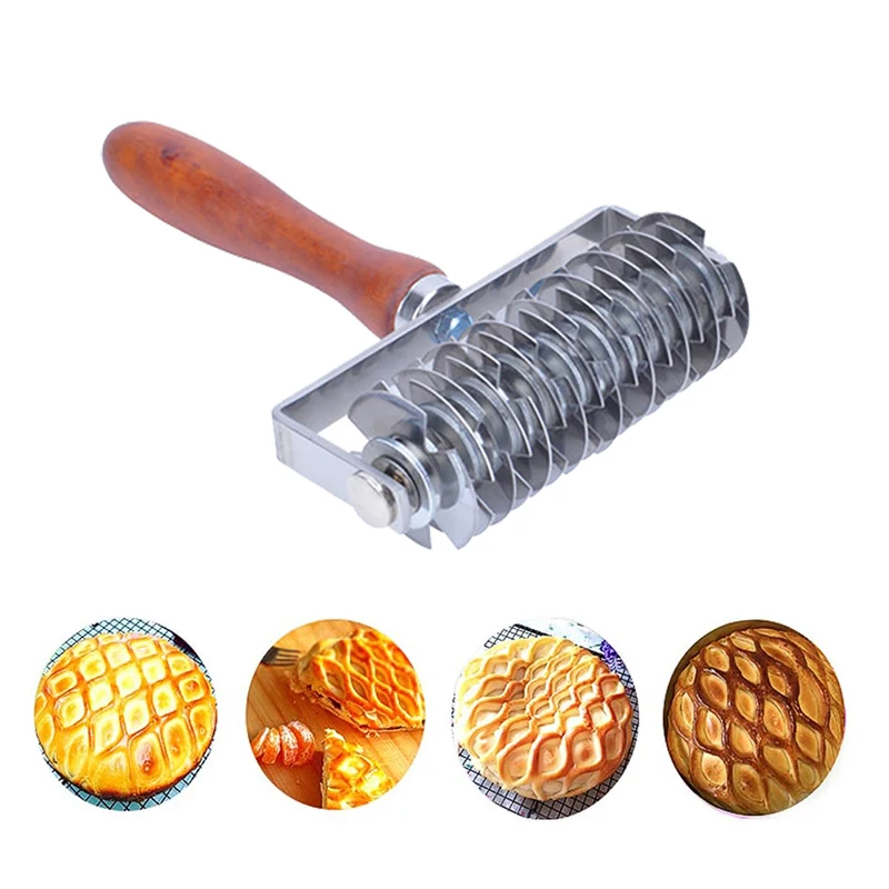

Stainless Steel Dough Lattice Top Cookie Pie Pizza Bread Pastry Crust Roller Cutter Wood Handle
