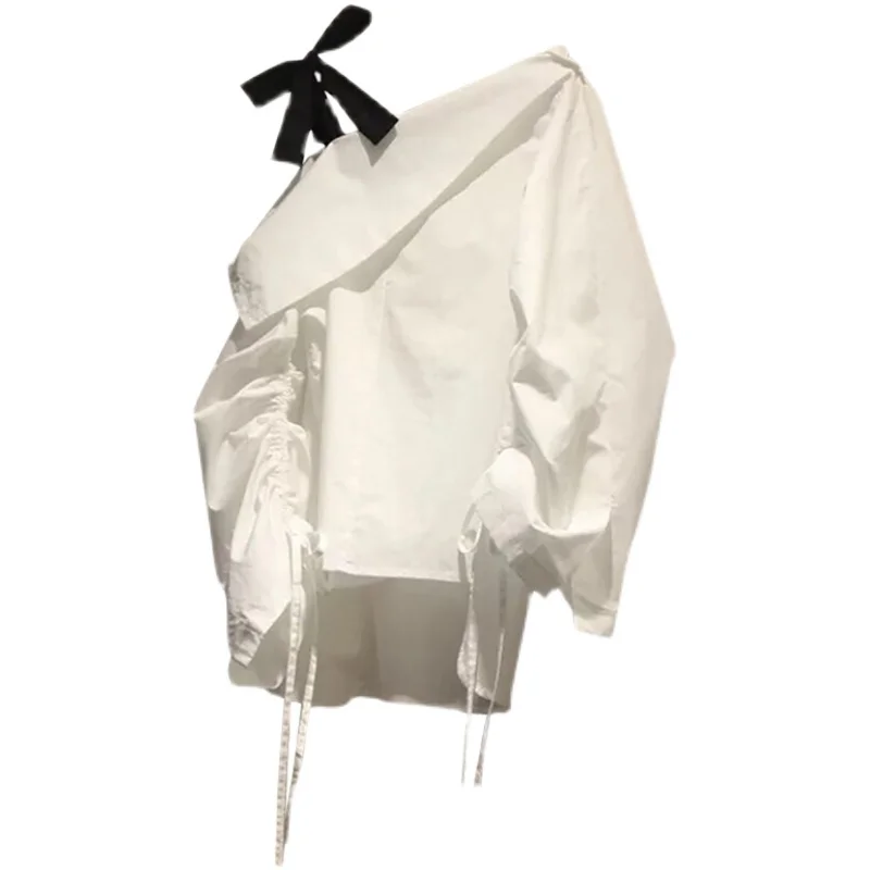 

2021 Spring Women Blouse Bow Tie Sexy Strapless Slash Neck Shirt New Drawstring Long Sleeve Causal Blusas Top