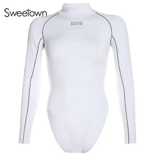 white Sweetown Line, светоотражающее платье-шорты с длинными рукавами и воланами, черное базовое боди с буквенным принтом, Женская белая водолазка, облегающий костюм с длинными рукавами - Цвет: white