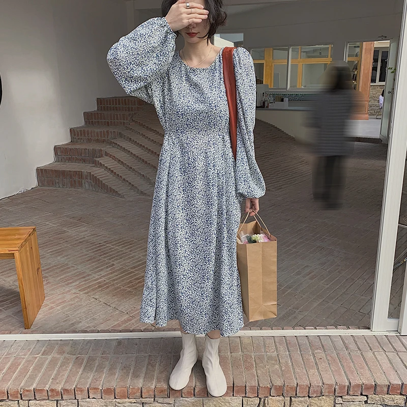 

2021 new spring and autumn Korean style slim dress floral long sleeve round neck mid-length solid color dress