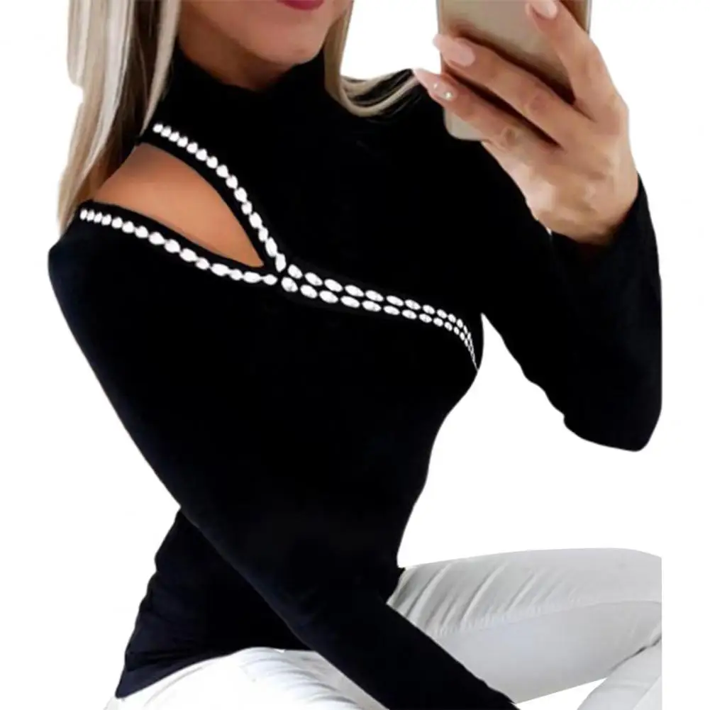 

Elegant Office Ladies Pullover Tops Women Shirt Solid Color Long Sleeves Hollow Out Half High Collar Leisure Lady Top for Autumn