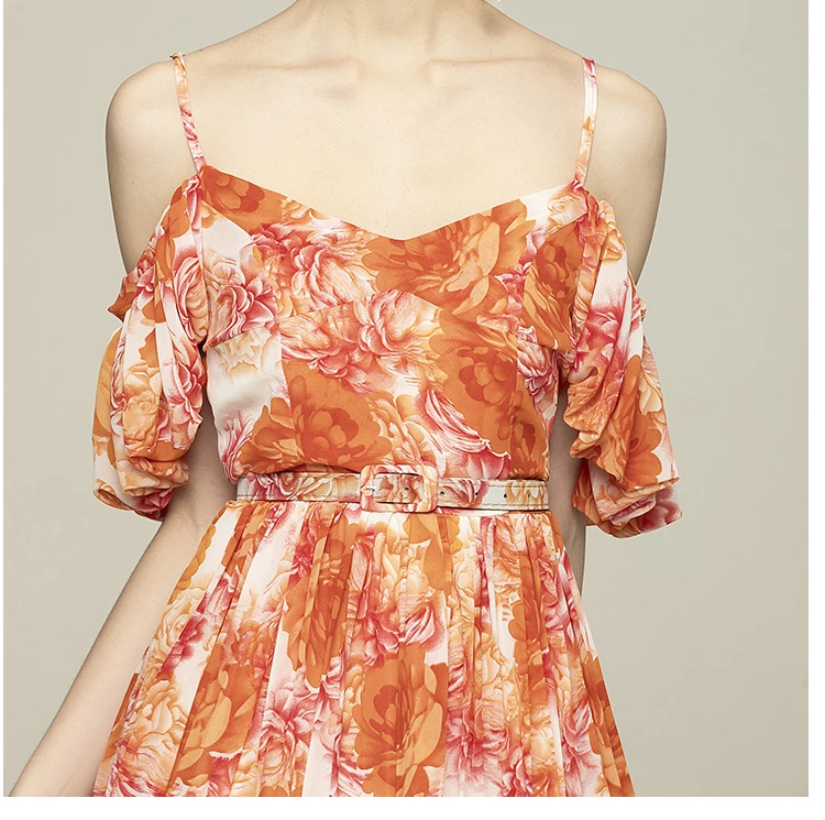 

Spring Summer Dress Women V Neck Spaghetti Strap Party Vestidos Vintage Retro Floral Printed Chiffon Elegant Dresses SL360