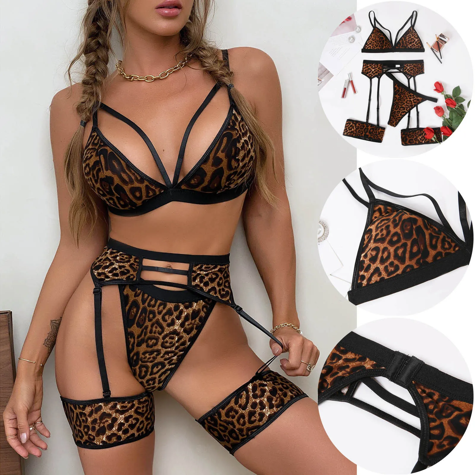 

Leopard Pajamas Set for Women Sexy Lingerie Underwear 3pc Garter Sleepwear Lenceria Sensual Mujer Pijama нижнее белье женское