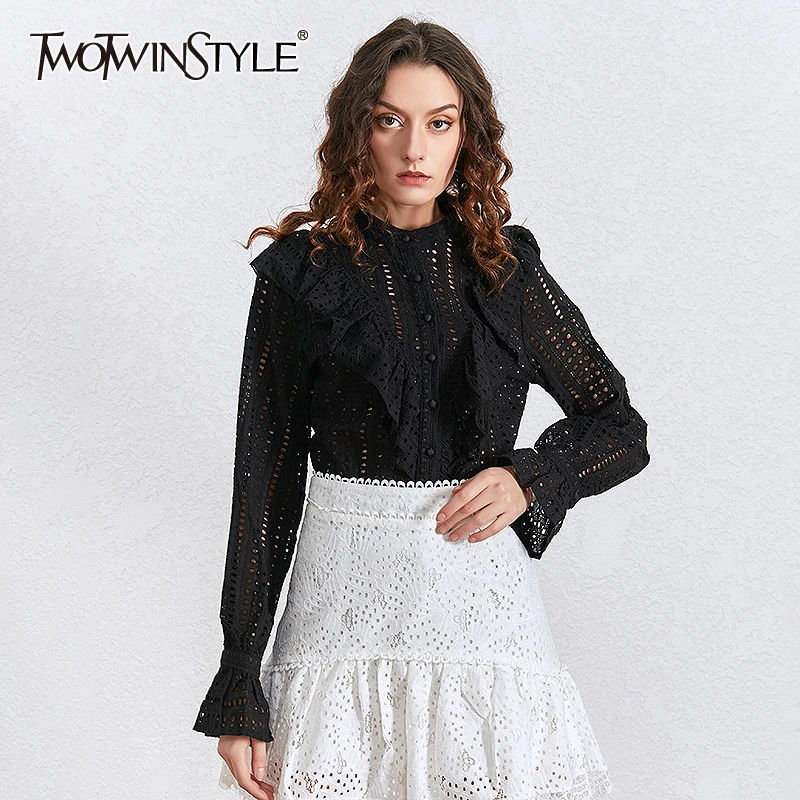 TWOTWINSTYLE повседневные открытые женские блузки с круглым вырезом и расклешенными