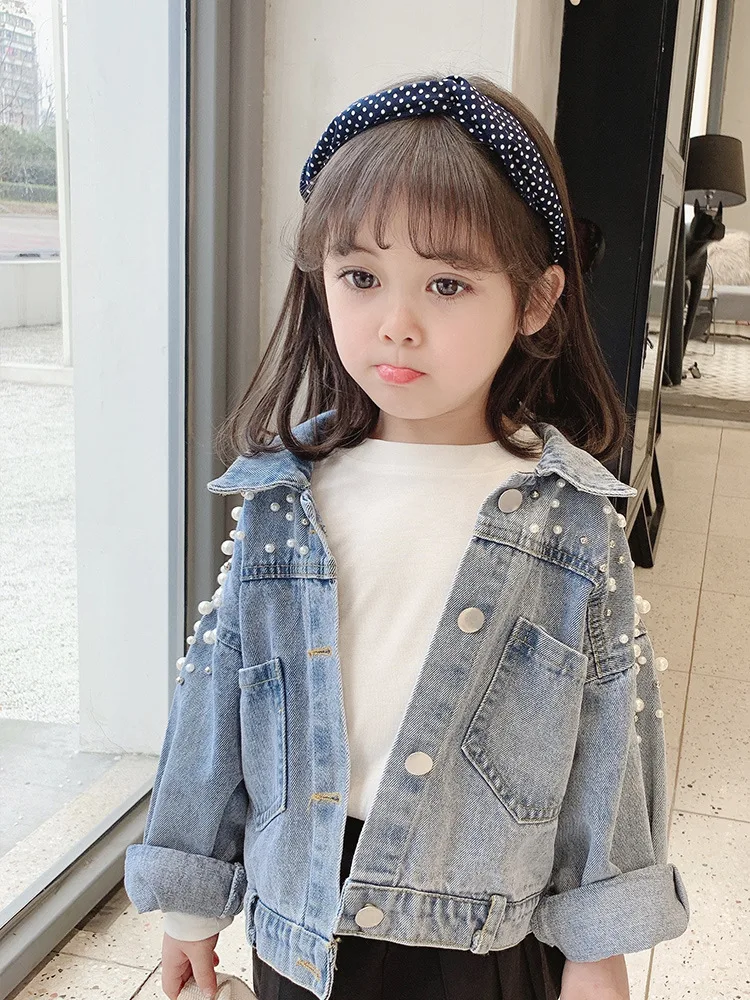 

Girl's Fashion Pearl Denim Jacket Kid's JEANS Outerwear Coats Children Cowboys Jackets 2-10Years Girls Coat 2 3 4 5 6 7 years