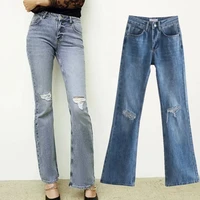 jennydave england style fashion simple vintage wshed flare jeans woman elastic high waist casual ripped for women