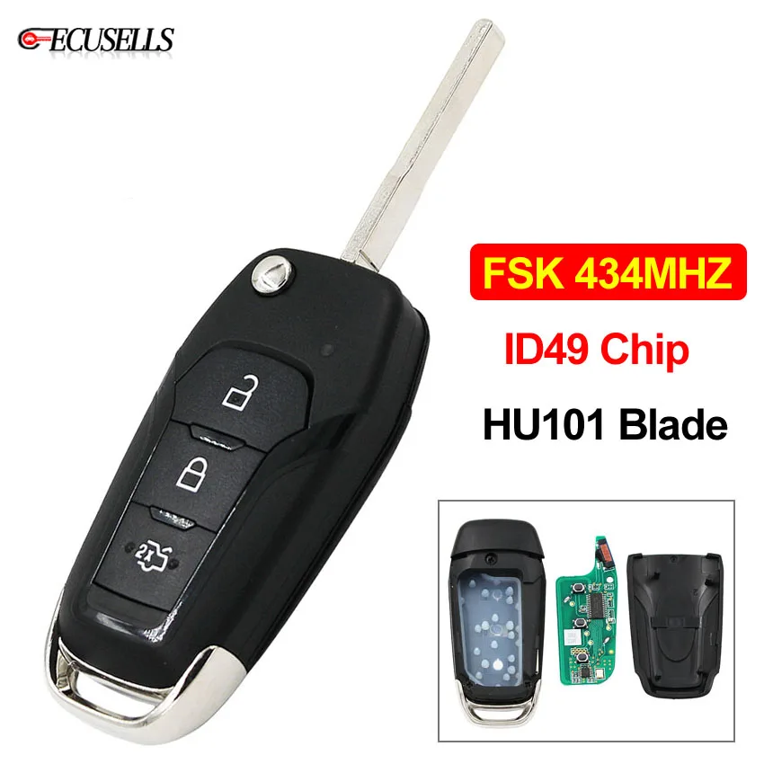 3 Button Folding Flip Remote Smart Car Key FSK 434MHz ID49 Chip HU101 Uncut Blade For Ford Escort New Mondeo