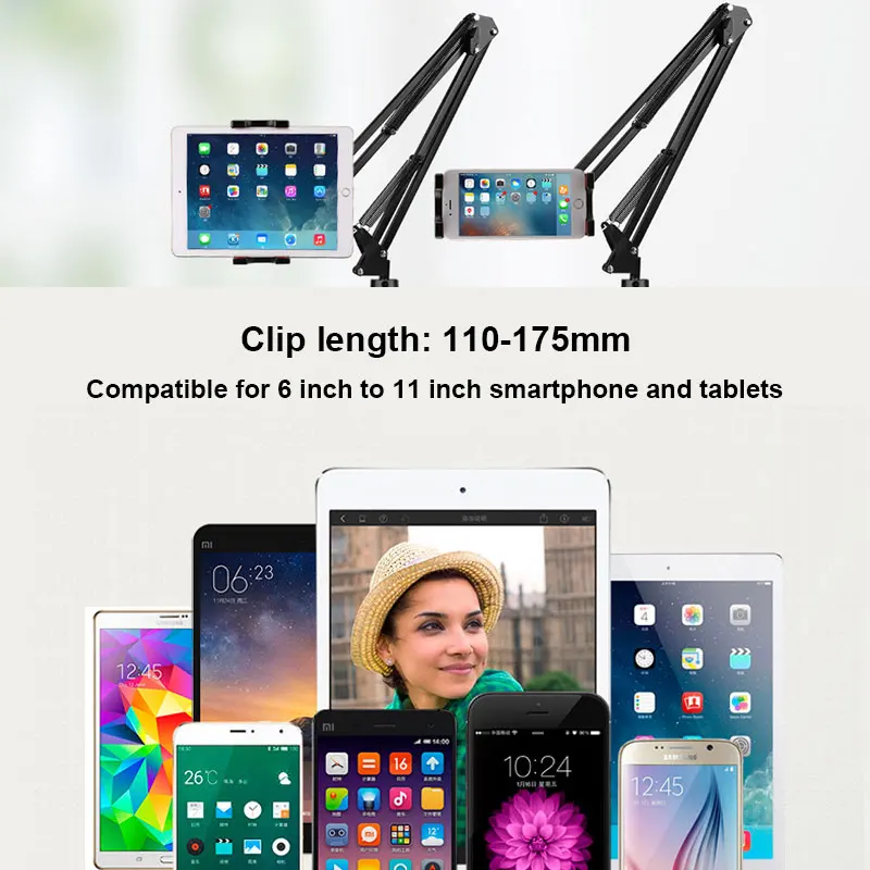desktop metal phone stand 6 to 11inch mobile phone tablet holder long arm lazy bed mount support clip for xiao mi pro air mini free global shipping