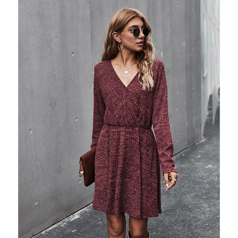 

Women Dress Autumn Winter Casual Ruched Long Sleeve Knitted Clothes Solid Slim Fitted Ladies Fall Dresses