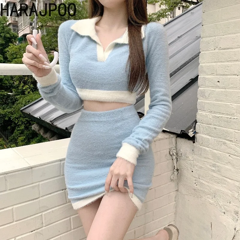 

Pullover Harajpoo Female Blue Solid Knit Women Lapel Slim Long Sleeve Autumn Y2k Sexy Korean Fashion Cropped Casual Ins Sweaters