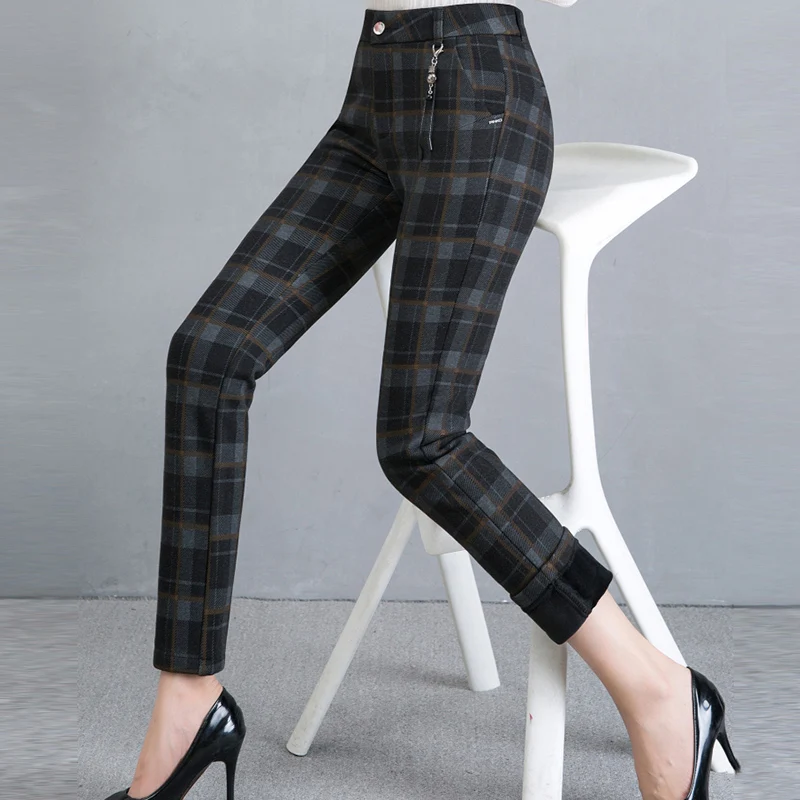 

2020 Women Plaid Pants Full Length High Waist Winter Warm Streetwear Straight Lady Trousers Leggings Plus Size 3XL 4XL 5XL 6XL