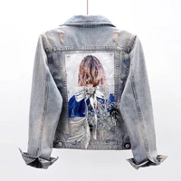 2021 spring autumn fashion beading diamond flower denim jacket women big size slim frayed jeans jacket female casual streetwear