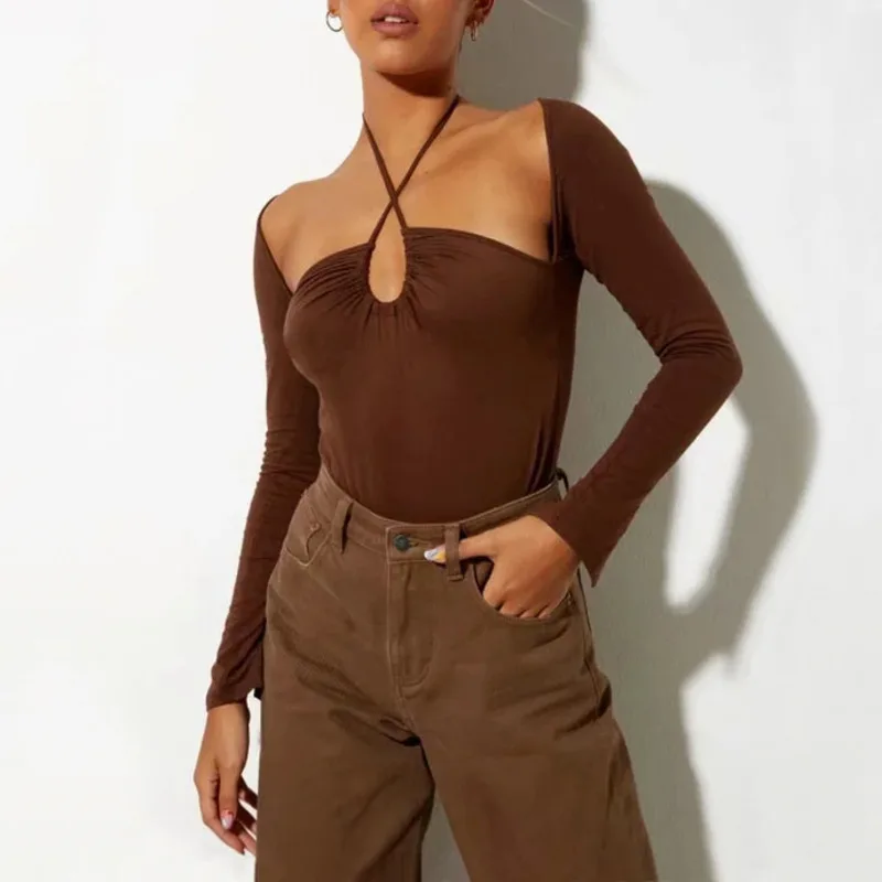 

Women Strappy Halter Neck Ruched Top Sexy Long Sleeve T-shirt A687