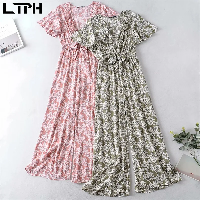 

LTPH Bohemian holiday style print jumpsuit women elegance long sexy V-neck loose high waist Rompers 2021 Spring Summer New