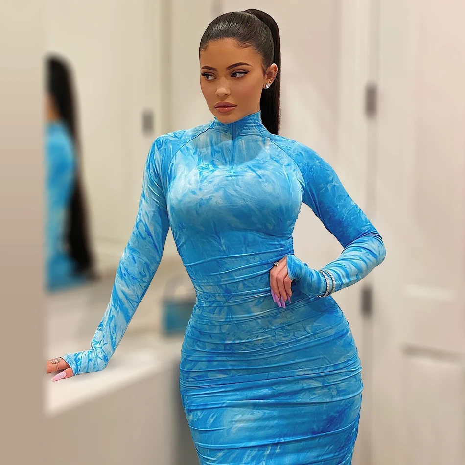Женское платье на молнии Kylie Jenner небесно-голубое с ложным воротником и длинными
