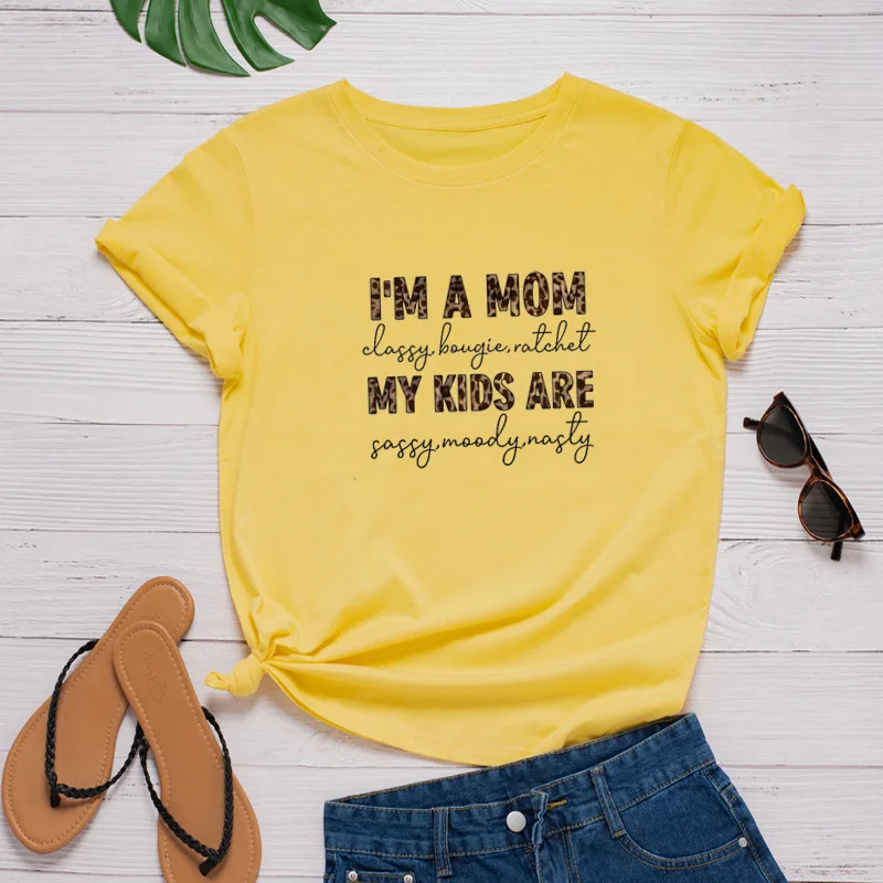 I'm A Mom Leopard Letter Print Women T Shirt Short Sleeve O Neck Loose Women Tshirt Ladies Tee Shirt Tops Camisetas Mujer