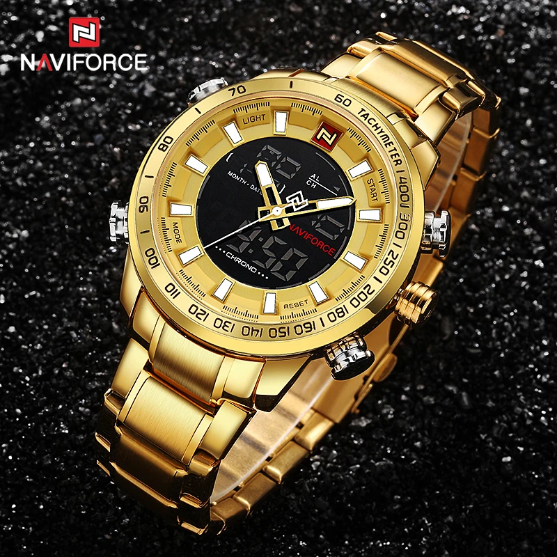 NAVIFORCE мужские часы золотые s цифровой светодиодный спортивные наручные Мужские