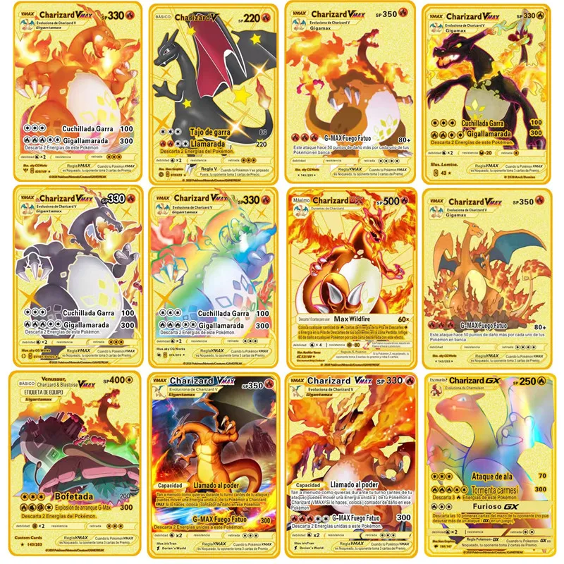 12 Pcs/Set Pokemon Espanol Version Metal Card Anime Figure Charizard Pikachu Spanish Pocket Monster Battle Carte Cards Toy Gifts