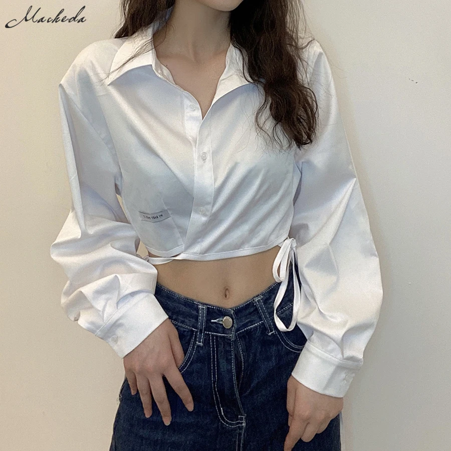 

Macheda Осенняя белая Базовая рубашка для женщин с отложным воротником и длинным рукавом на шнуровке, кардиган, сексуальный укороченный женски...