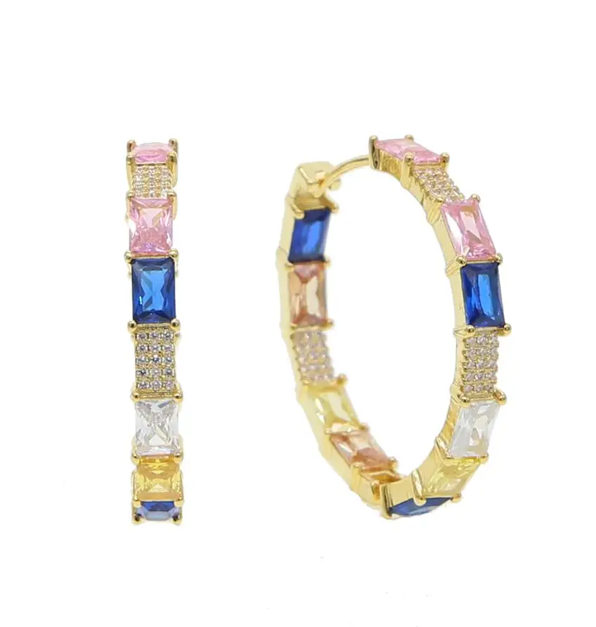 geometric square baguette cz pastel colorful huggie hoop earring stunning trendy women jewelry - Окраска металла: colorful cz