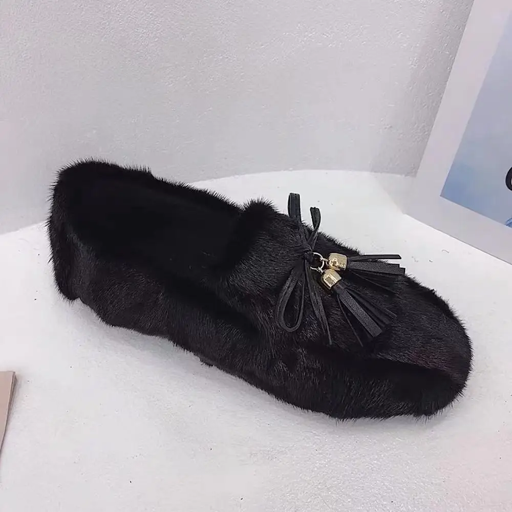 

European Station Mink Women's Shoes 2021 New Woolen Shoes Women's Autumn and Winter Outerwear Fleece Tassel Bean Shoes Women's F