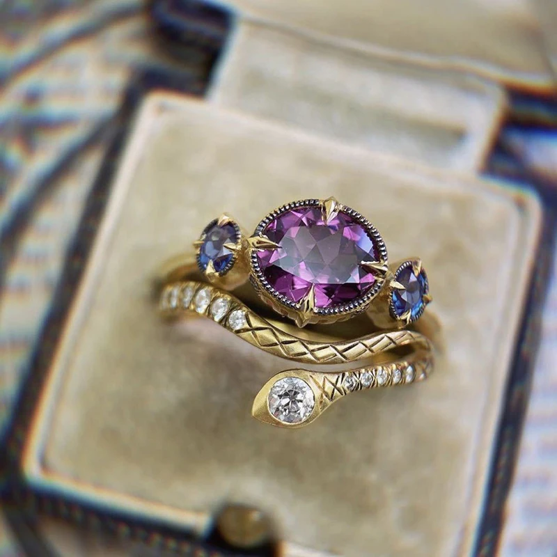 

2 Pcs/Set Vintage Purple Oval Zircon Gold Color Rings For Women Classic Female Jewelry Birthstone Valentine Party Gifts