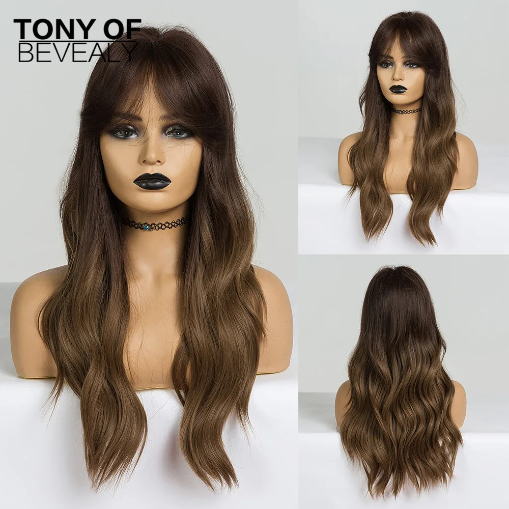 Длинные волнистые коричневые синтетические парики для женщин с боковой челкой