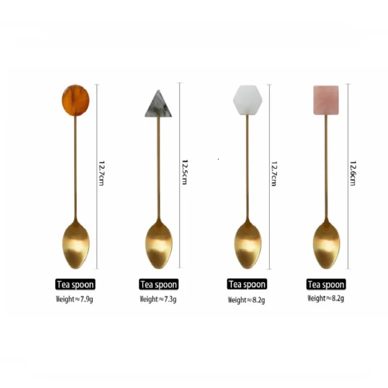 4pcs Stainless Steel Small Spoon Fork Set INS Coffee Tea Stirring Household Gold-Plated Acrylic Geometric Shape Spoons Forks | Дом и сад
