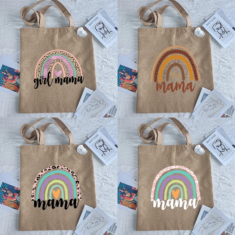 Shopping Bags Rainbow Mama Linen Bag Tote Bag Customizable Logo Eco Bolsas  Folding Shopper Shoping Shoulder Designer Handbags