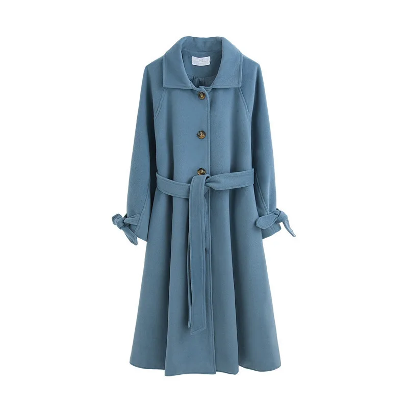 

2020 New Blends Overcoat Women's New for Autumn and Winter Korean Retro Loose Long over-the-Knee Blends Coat Blue
