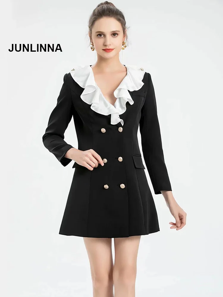 

Модные осенние деловые костюмы для женщин, хлопковое смешивающее пальто с оборками и V-образным вырезом, двубортная одежда для похудения