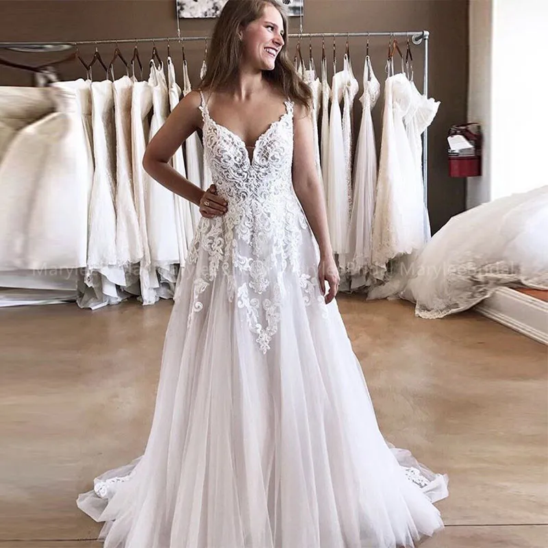 

Vintage Appliques Wedding Dresses Spaghetti Straps V-neck Boho Bridal Dress White Ivory Custom Wedding Gowns Vestido De Novia