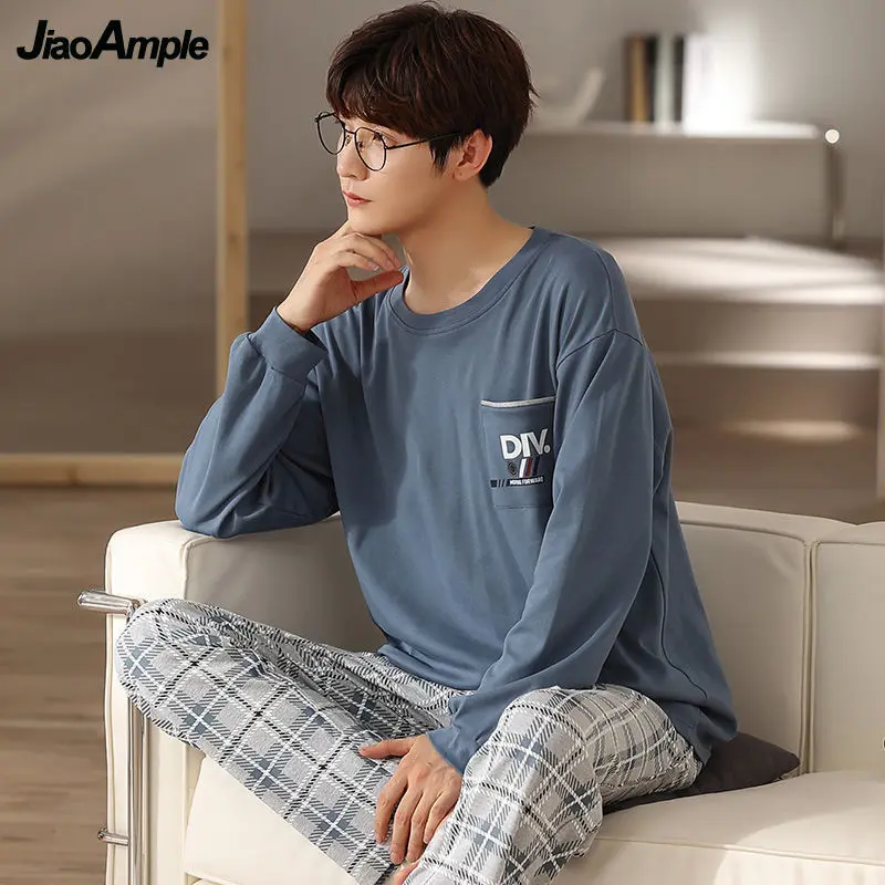 100% Cotton Pajamas Men's O-Neck Long-sleeved Trousers Pijamas Two-piece 2022 Sprin  Fall New Casual Sleepwear Home Clothes Suit