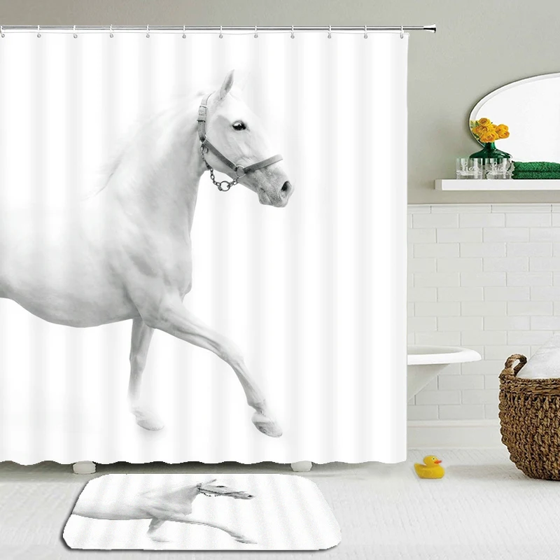 

2Pcs/Set Horse Animals Shower Curtains Set Mat Bathroom Waterproof Cloth With Non-slip Floor Mat Bath Curtains