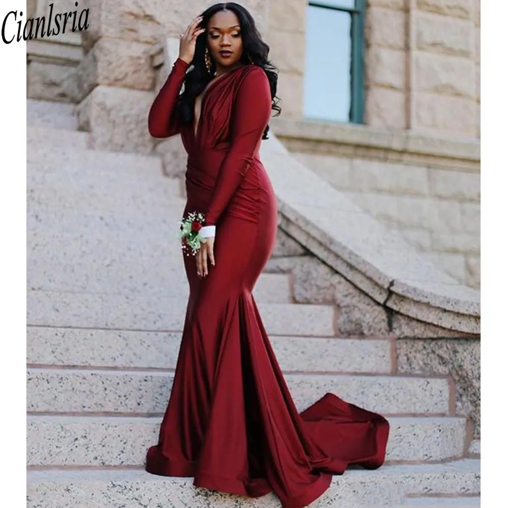

2021 Burgundy Long Sleeves Mermaid Evening Dresses Deep V Neck Sweep Train Satin Formal Special Occasion Prom Gowns