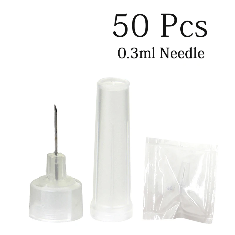 50pcs 0.3ml Needle 50 шт. одноразовые 0,3 мл ампульная головка шприца и 50 шт. иглы для гиалуроновой кислоты ручка распылитель водный шприц против старения морщин - Номер модели: 50pcs 0.3ml Needle
