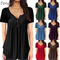 feogor 2021 summer new style casual womens pure color pleated buttons loose v neck womens blouse women short sleeve t shirt