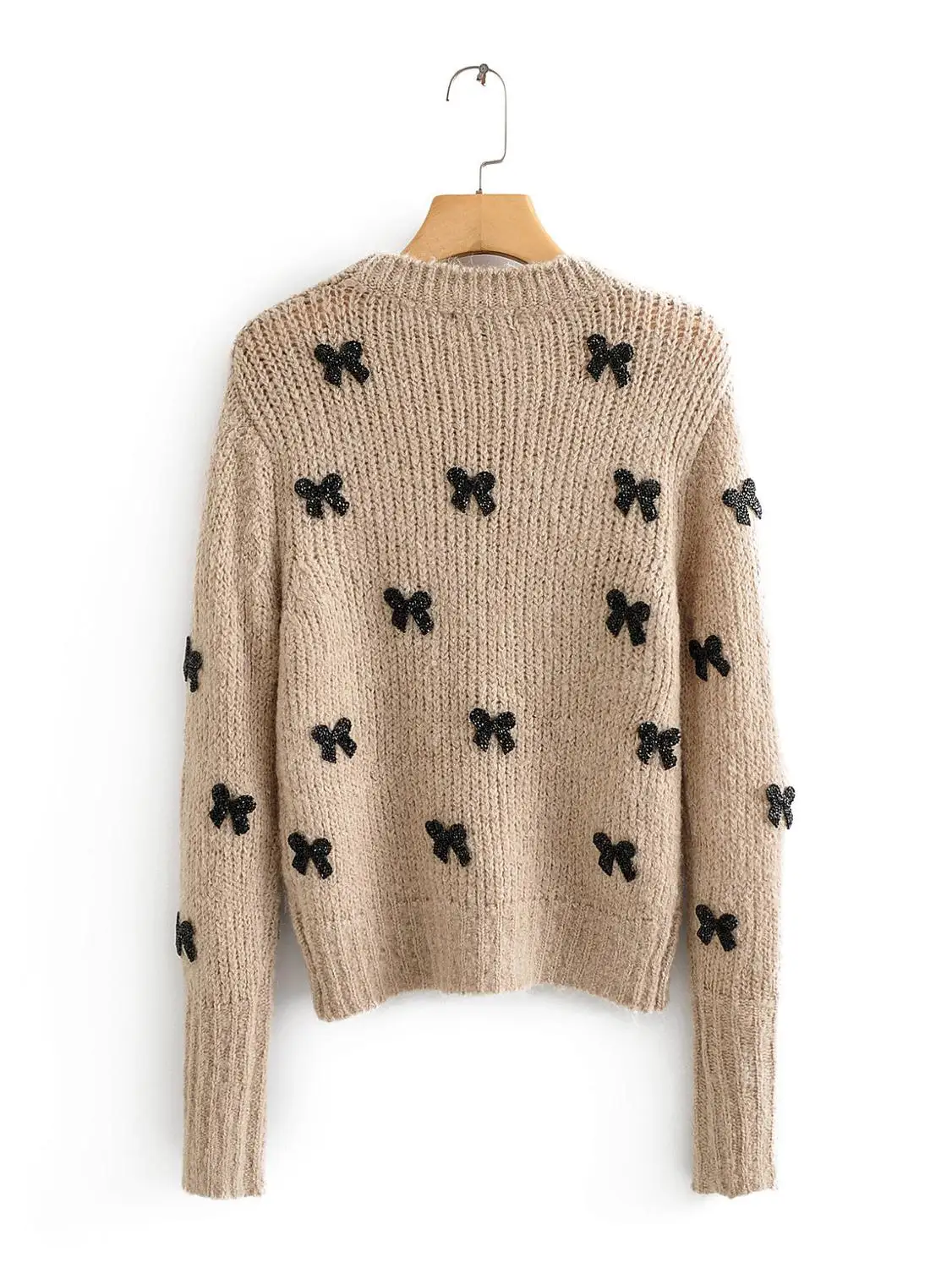 ROHOPO хаки круглый воротник с длинным рукавом свитер Черный Лук Бисероплетение